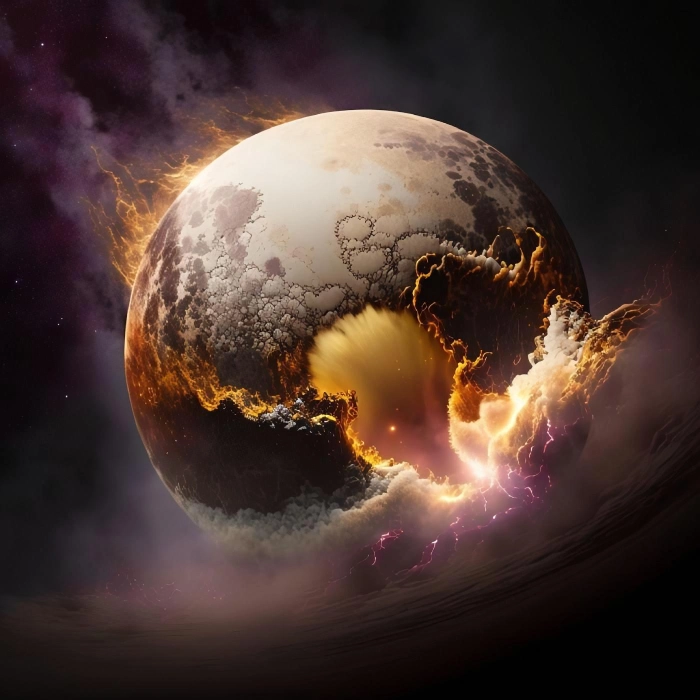 a artistic rendering of a powerful pluto on fire and with an opeing to what looks like either the gates to heaven or hell